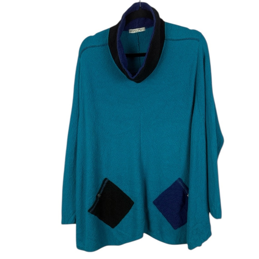 Margaret Winters Cotton Blue Black Cowl Neck Contrasting Pockets Large Tunic Top